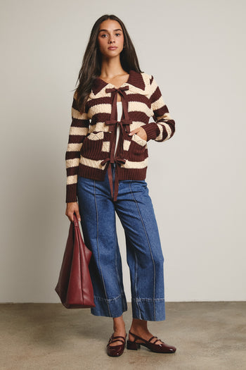 Forte Striped Knit Front Tie Cardigan in Mocha