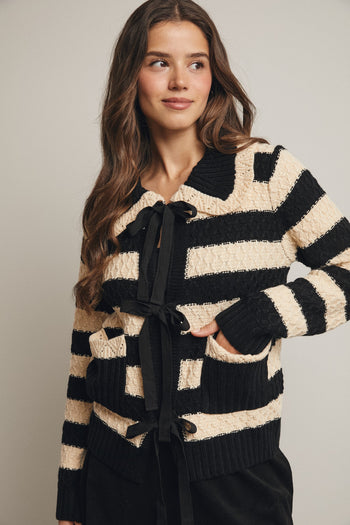 Forte Striped Knit Front Tie Cardigan in Black