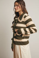 Forte Striped Knit Front Tie Cardigan in Dark Olive