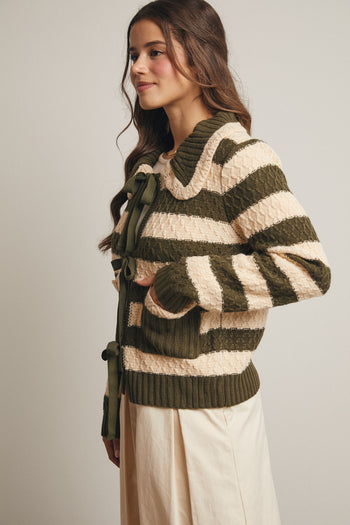 Forte Striped Knit Front Tie Cardigan in Dark Olive