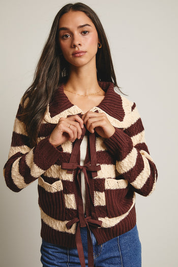 Forte Striped Knit Front Tie Cardigan in Mocha