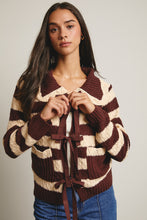 Load image into Gallery viewer, Forte Striped Knit Front Tie Cardigan in Mocha

