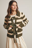 Forte Striped Knit Front Tie Cardigan in Dark Olive