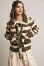 Load image into Gallery viewer, Forte Striped Knit Front Tie Cardigan in Dark Olive
