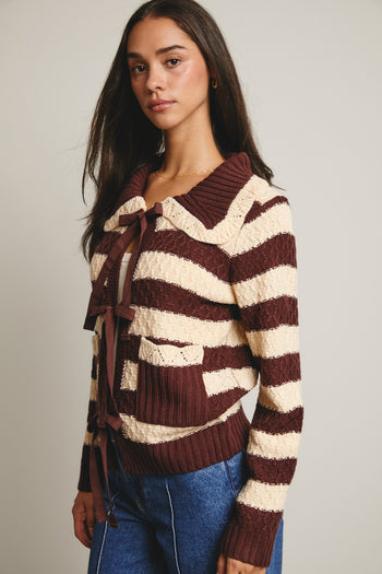 Forte Striped Knit Front Tie Cardigan in Mocha