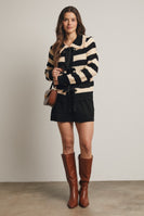 Forte Striped Knit Front Tie Cardigan in Black