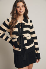 Load image into Gallery viewer, Forte Striped Knit Front Tie Cardigan in Black
