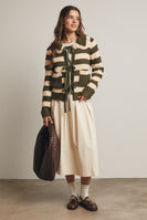 Forte Striped Knit Front Tie Cardigan in Dark Olive