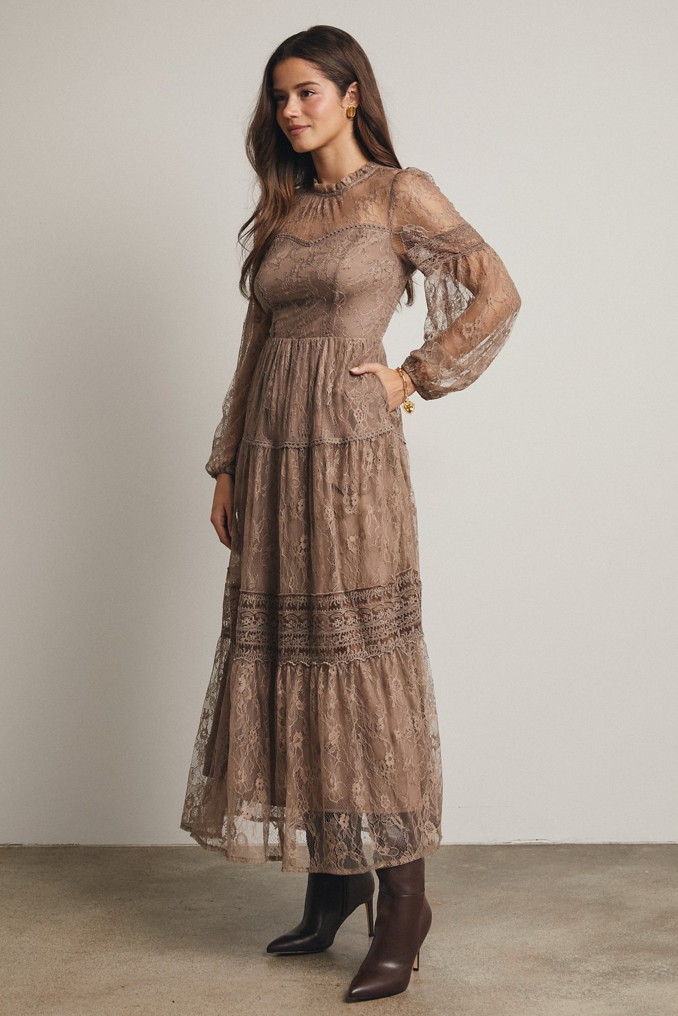 Forte Tiered Lace Maxi Dress in Mocha M Forte Tiered Lace Maxi Dress in Mocha M