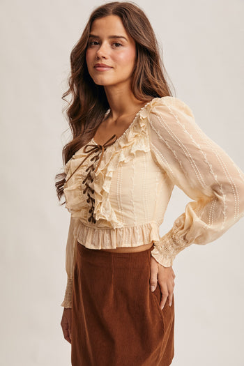 Forte Ruffle Lace-up Smocked Blouse in Champagne