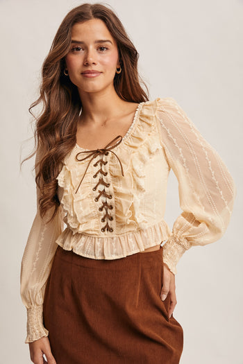 Forte Ruffle Lace-up Smocked Blouse in Champagne