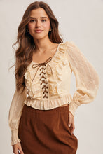 Load image into Gallery viewer, Forte Ruffle Lace-up Smocked Blouse in Champagne

