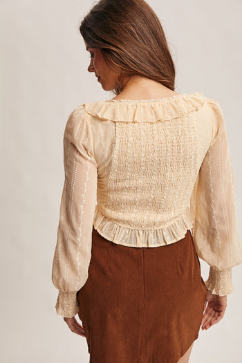 Forte Ruffle Lace-up Smocked Blouse in Champagne