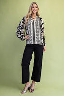 GiGio Two Toned Contrasting Print Top with Fringe Details in Off White