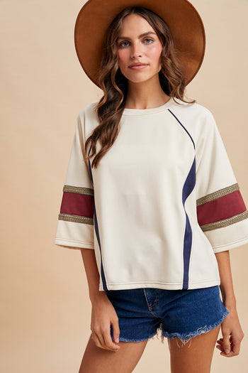AnnieWear French Terry Colorblock Varsity Top in Cream Combo