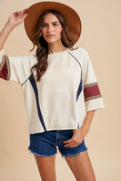 AnnieWear French Terry Colorblock Varsity Top in Cream Combo