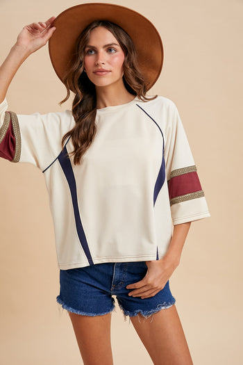 AnnieWear French Terry Colorblock Varsity Top in Cream Combo
