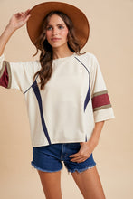 Load image into Gallery viewer, AnnieWear French Terry Colorblock Varsity Top in Cream Combo
