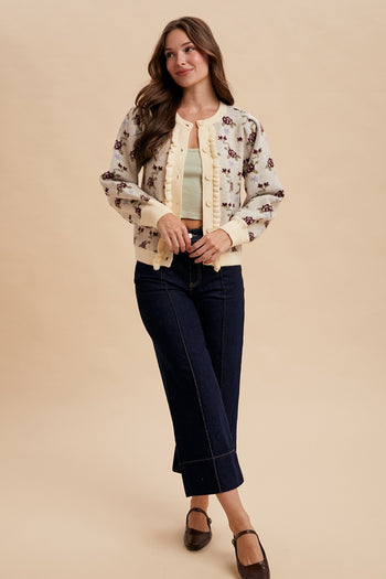 AnnieWear Rose Pattern Knit Sweater Cardigan in Cream