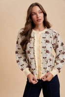 AnnieWear Rose Pattern Knit Sweater Cardigan in Cream