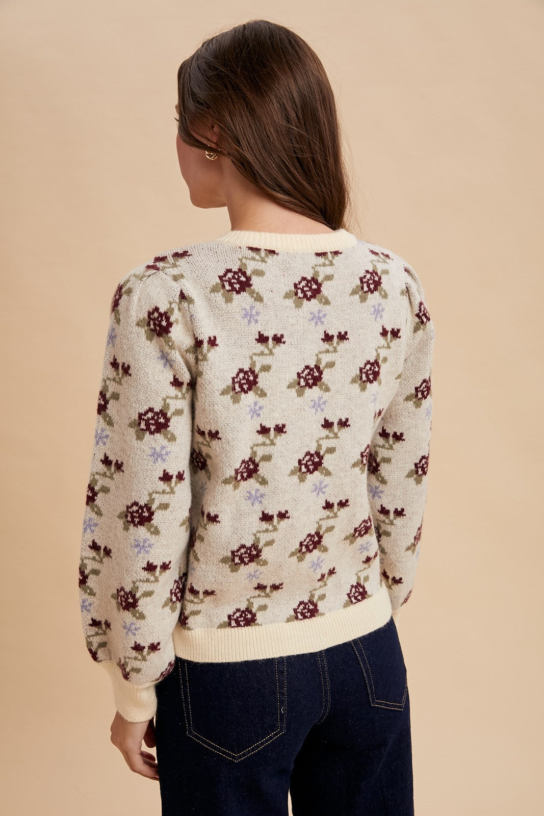 AnnieWear Rose Pattern Knit Sweater Cardigan in Cream – June Adel