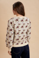 AnnieWear Rose Pattern Knit Sweater Cardigan in Cream
