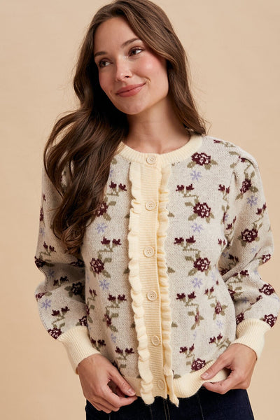 AnnieWear Rose Pattern Knit Sweater Cardigan in Cream – June Adel
