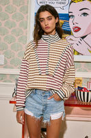 BucketList Funnel Neck Half Zip Contrast Details Striped Top in Wine/Brown