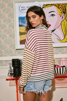 BucketList Funnel Neck Half Zip Contrast Details Striped Top in Wine/Brown