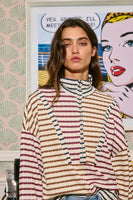 BucketList Funnel Neck Half Zip Contrast Details Striped Top in Wine/Brown