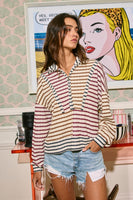 BucketList Funnel Neck Half Zip Contrast Details Striped Top in Wine/Brown