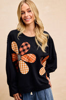 BiBi OVERSIZED Mixed Plaid Flower Patched French Terry Top in Black