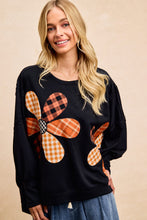 Load image into Gallery viewer, BiBi OVERSIZED Mixed Plaid Flower Patched French Terry Top in Black
