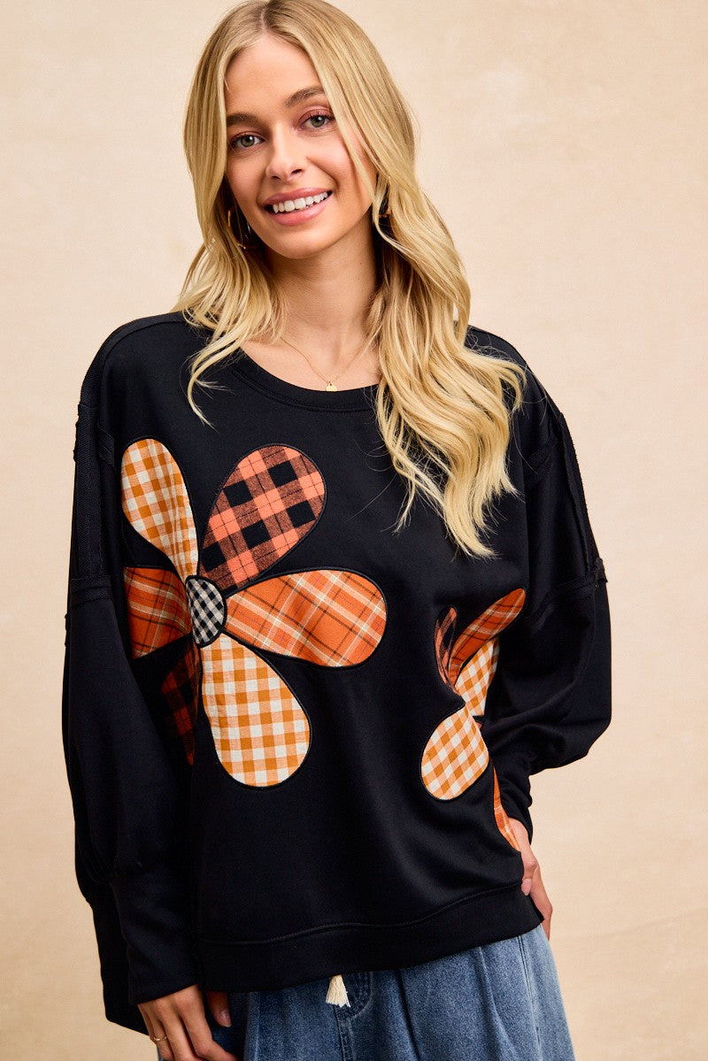 BiBi OVERSIZED Mixed Plaid Flower Patched French Terry Top in Black