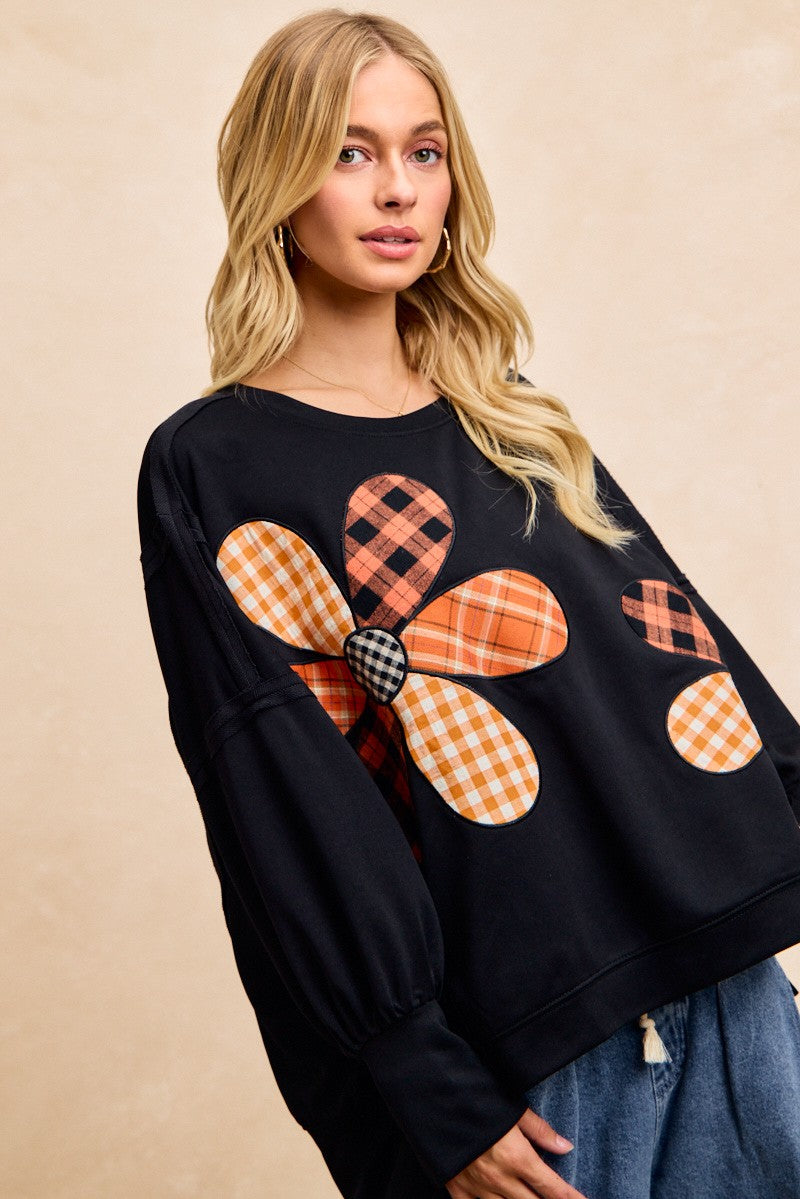 BiBi OVERSIZED Mixed Plaid Flower Patched French Terry Top in