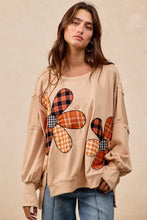 Load image into Gallery viewer, BiBi OVERSIZED Mixed Plaid Flower Patched French Terry Top in Oatmeal
