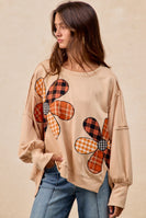 BiBi OVERSIZED Mixed Plaid Flower Patched French Terry Top in Oatmeal