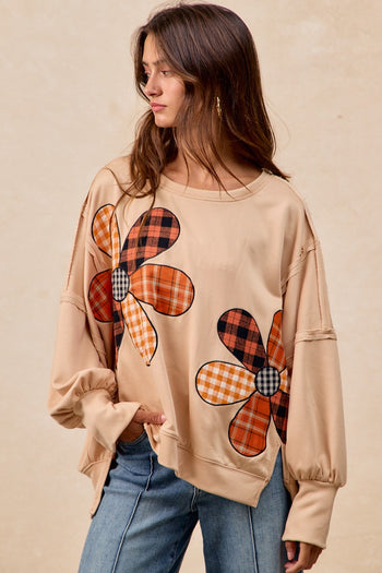 BiBi OVERSIZED Mixed Plaid Flower Patched French Terry Top in Oatmeal