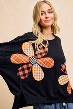 Load image into Gallery viewer, BiBi OVERSIZED Mixed Plaid Flower Patched French Terry Top in Black
