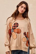 Load image into Gallery viewer, BiBi OVERSIZED Mixed Plaid Flower Patched French Terry Top in Oatmeal
