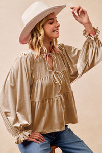 BiBi Velvet Bow Tie Tiered Top in Champagne – June Adel