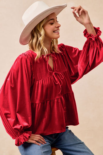 BiBi Velvet Bow Tie Tiered Top in Red