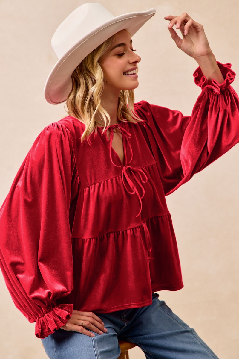 BiBi Velvet Bow Tie Tiered Top in Red