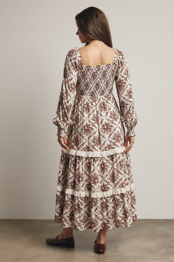Forte Smocked Bodice Floral Maxi Dress in Ecru