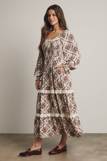 Forte Smocked Bodice Floral Maxi Dress in Ecru