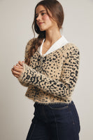 Forte CROPPED Fuzzy Leopard Button up Cardigan in Taupe