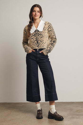 Forte CROPPED Fuzzy Leopard Button up Cardigan in Taupe