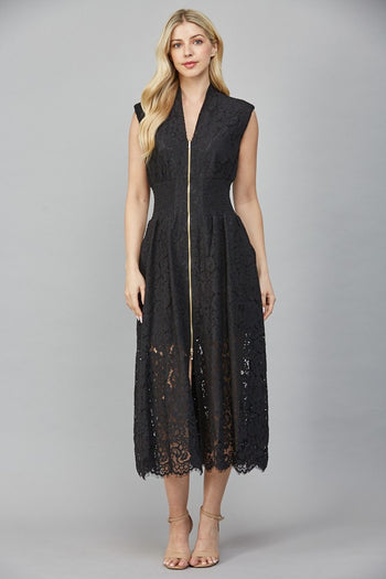 FATE Front Zip Lace Midi Dress in Black