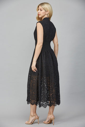 FATE Front Zip Lace Midi Dress in Black