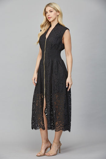 FATE Front Zip Lace Midi Dress in Black